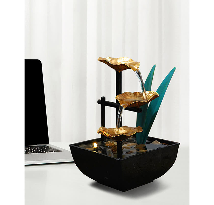 Adornos de loto de mesa de fuente de cascada de tres capas con decoración de escritorio de rocas de río