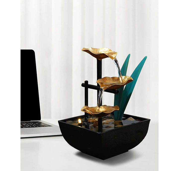Adornos de loto de mesa de fuente de cascada de tres capas con decoración de escritorio de rocas de río