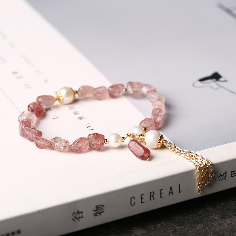 Pulsera curativa de amor chapada en oro de 14 quilates con perlas de cuarzo fresa natural