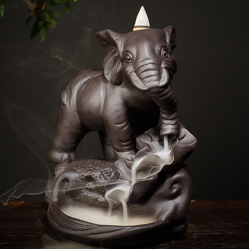 Elefante tibetano, fuente de humo de reflujo de arcilla púrpura, decoración de quemador de incienso curativo de paz