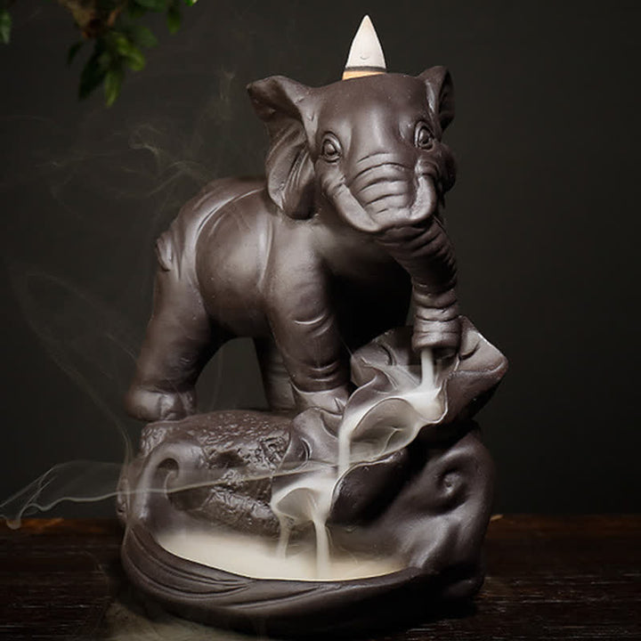 Elefante tibetano, fuente de humo de reflujo de arcilla púrpura, decoración de quemador de incienso curativo de paz
