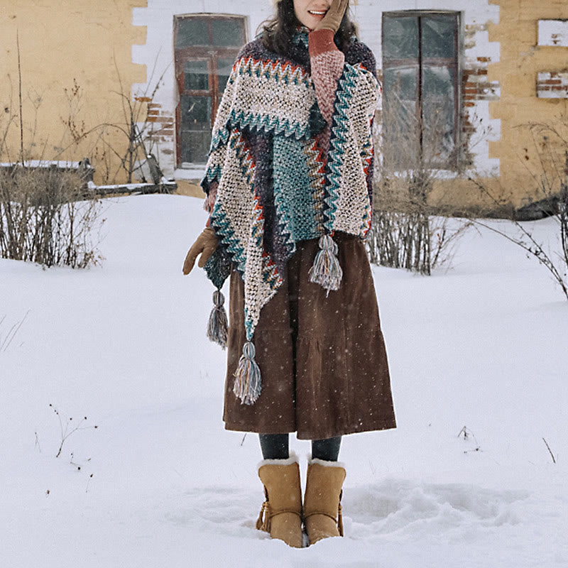 Mantón tibetano de Buddha Stones , bufanda cálida con borlas y patrón ondulado azul, Beige y rojo para invierno