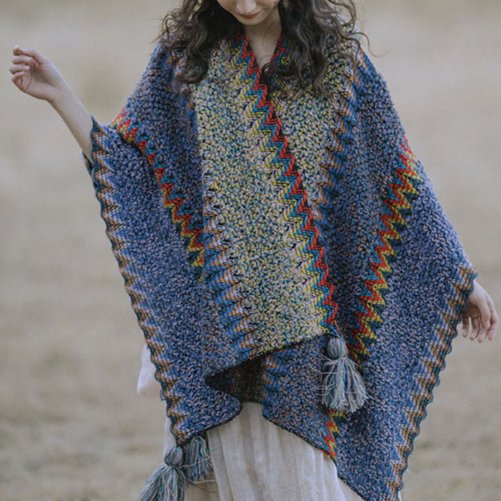 Mantón tibetano de Buddha Stones, capa de punto suave y cálida, bufanda tibetana con borlas de invierno