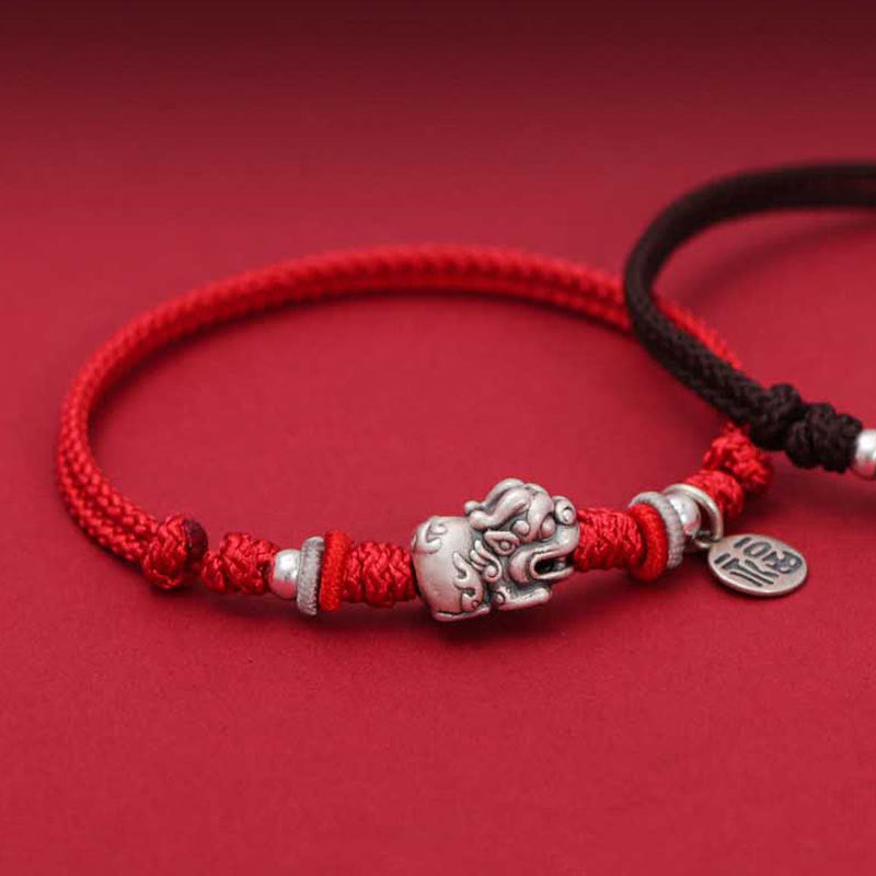 Pulsera trenzada hecha a mano de plata de ley 925 con Buddha Stones PiXiu Fu personaje riqueza suerte