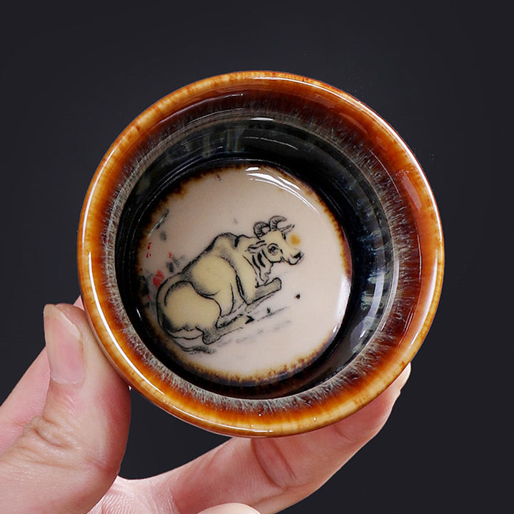 Taza de té de cerámica con diseño del zodíaco chino, 12 Buddha Stones, Kung Fu Jian, taza de té chino Zhan, 73ml