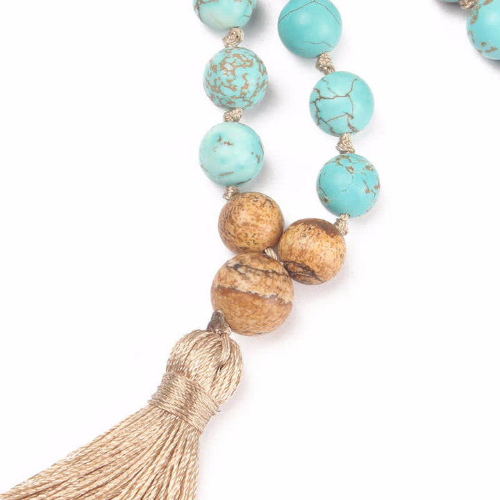 Pulsera con borlas de sabiduría de jaspe con imagen turquesa de 108 cuentas Mala