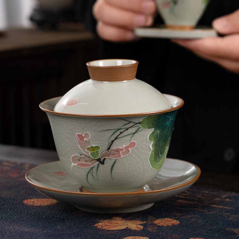 Buddha Stones, loto, pez Koi, hoja de vaina, taza de té de cerámica Gaiwan Sancai, taza de té de Kung Fu y platillo con tapa, 140ml
