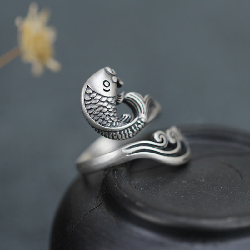 Anillo de plata de ley 925 con Buddha Stones , pez koi, ondulación de agua, suerte y riqueza