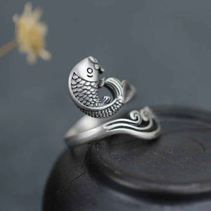 Anillo de plata de ley 925 con Buddha Stones , pez koi, ondulación de agua, suerte y riqueza