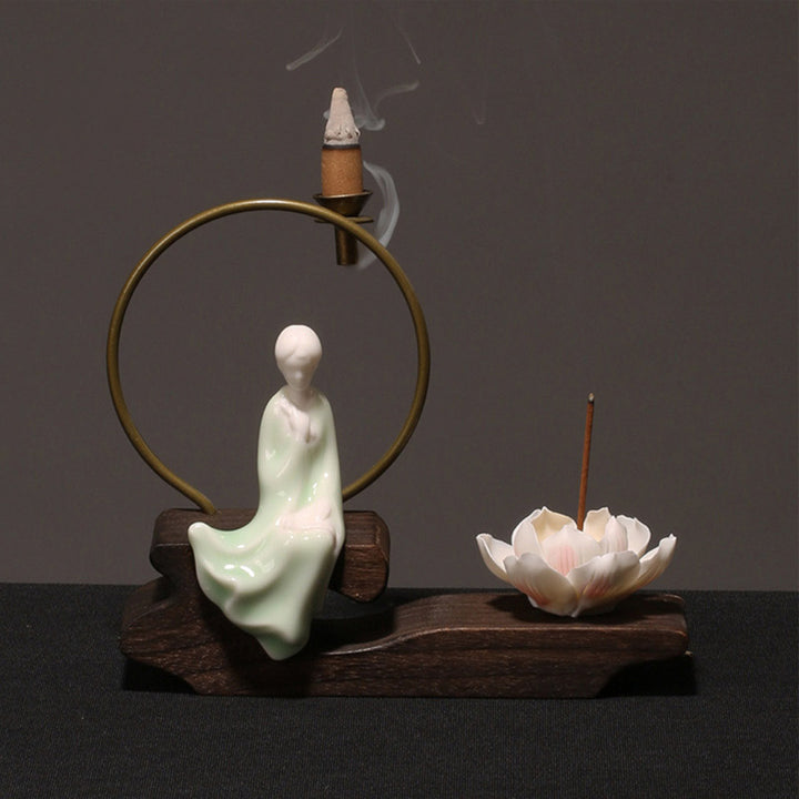 Quemador de incienso de meditación curativa de loto de cerámica con Buddha Stones , decoración