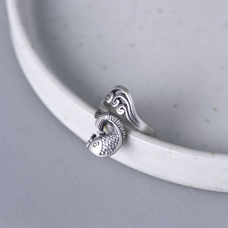 Anillo de plata de ley 925 con Buddha Stones , pez koi, ondulación de agua, suerte y riqueza
