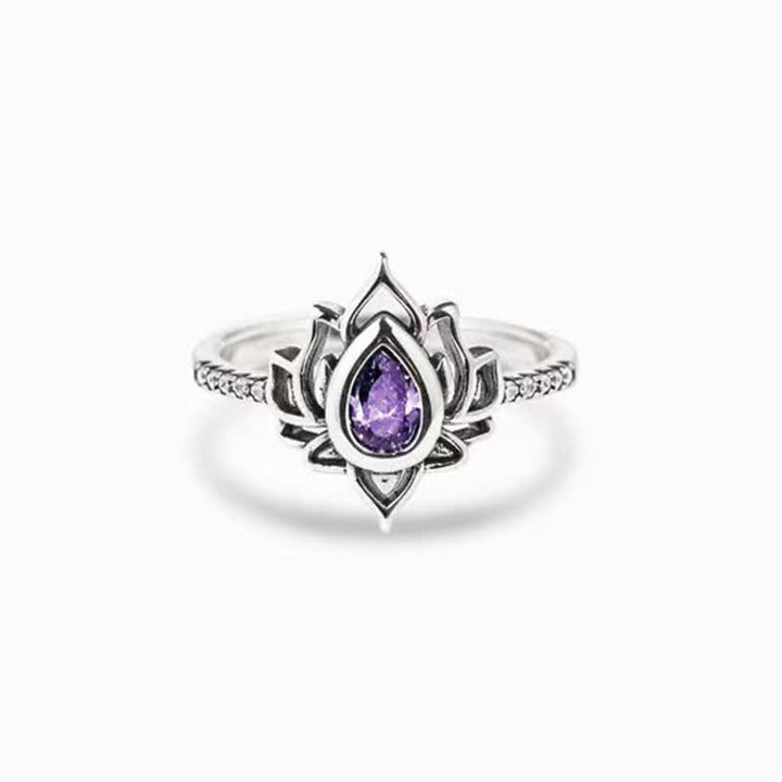 Anillo de protección de bendición de circonita de loto de plata de ley con Buddha Stones