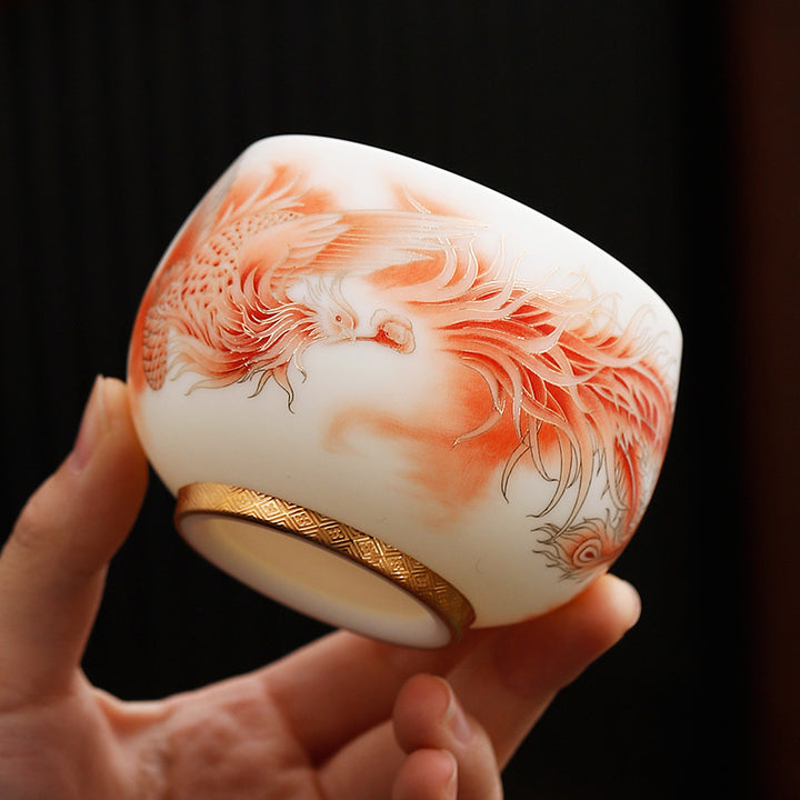 Taza de té de cerámica de porcelana blanca Fénix con Buddha Stones, taza de té de Kung Fu