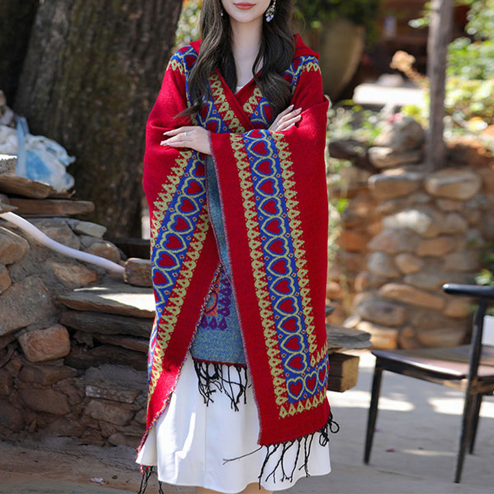 Mantón tibetano de Buddha Stones , capa con capucha y borla de corazón de amor rojo, bufanda de viaje acogedora para invierno
