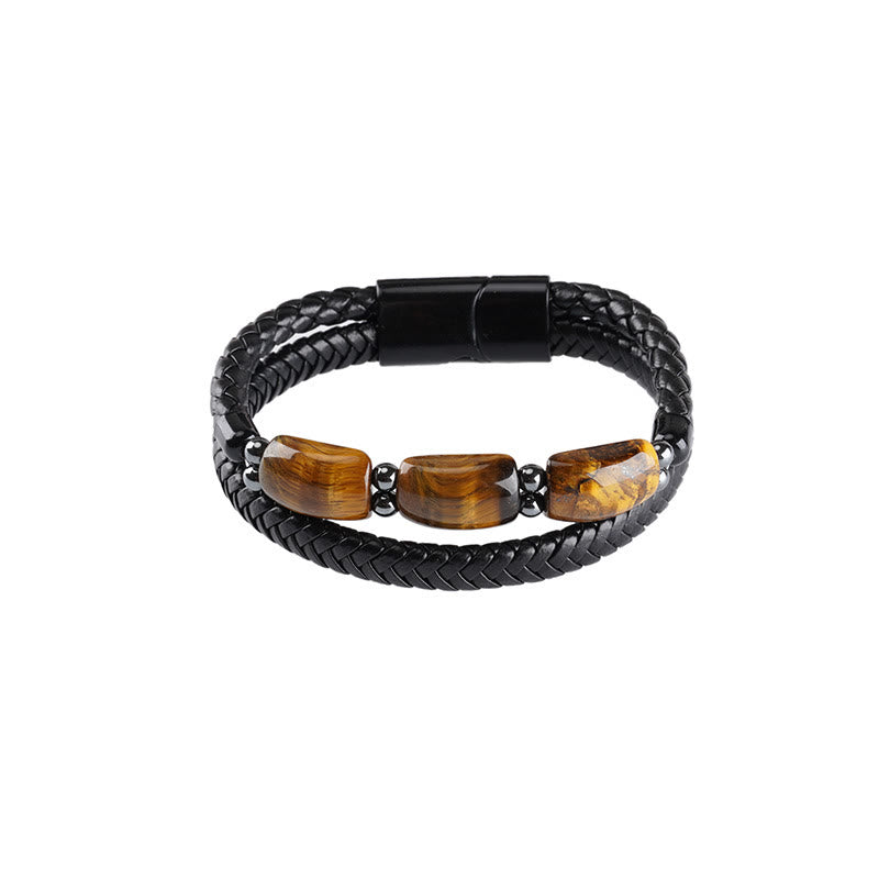 Pulsera de cuero con hebilla magnética y protección de ojo de tigre natural con Buddha Stones