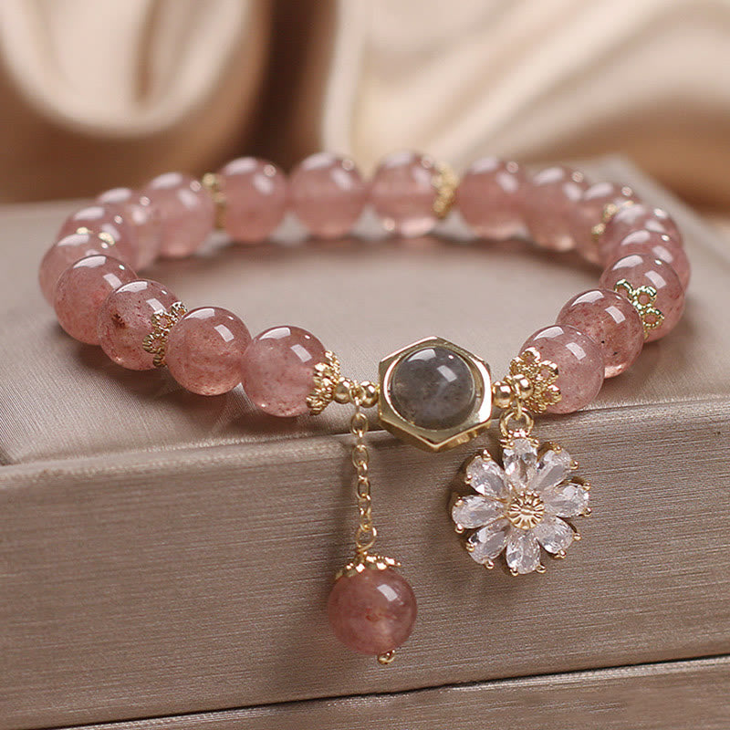 Pulsera curativa positiva con dije de flor de Margarita y cristal de cuarzo fresa Natural
