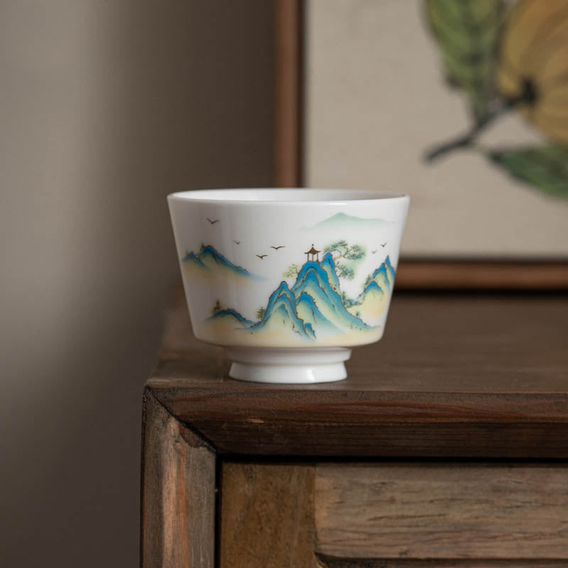 Taza de té de cerámica con Buddha Stones, flor de loto, hoja, montaña, pabellón, alce, peonía, taza de té de Kung Fu