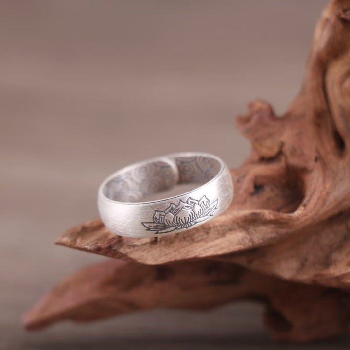 Anillo de bendición de seis palabras verdaderas con elefante de loto de plata de ley 999 con Buddha Stones