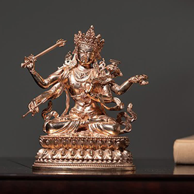 Estatuilla de Bodhisattva Manjusri de cuatro brazos, decoración de estatua de cobre de serenidad