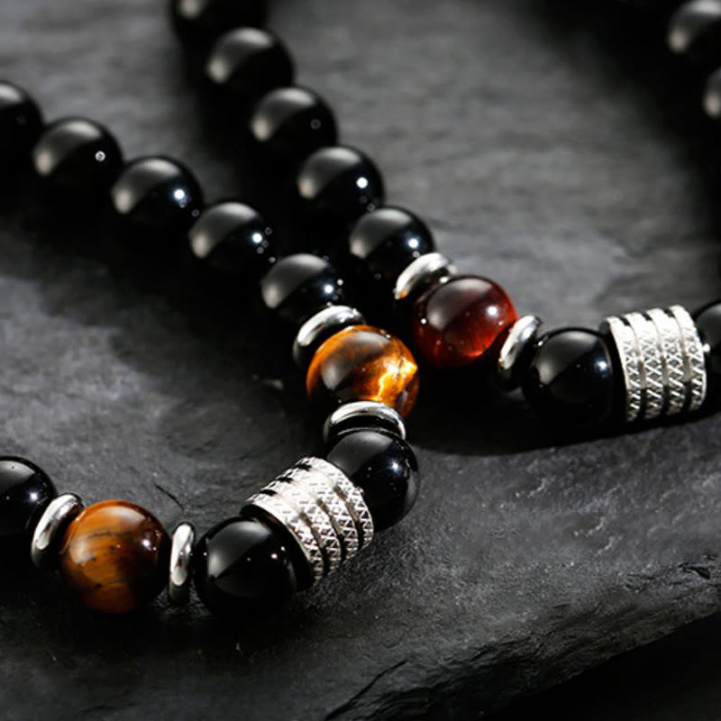Pulsera de cumplimiento de fuerza de ojo de tigre de obsidiana negra natural con Buddha Stones