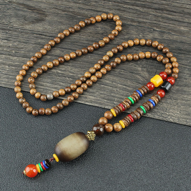 Buddha Stones, colgante de collar de paz de equilibrio de ágata de semilla Bodhi de madera de wengué tibetano