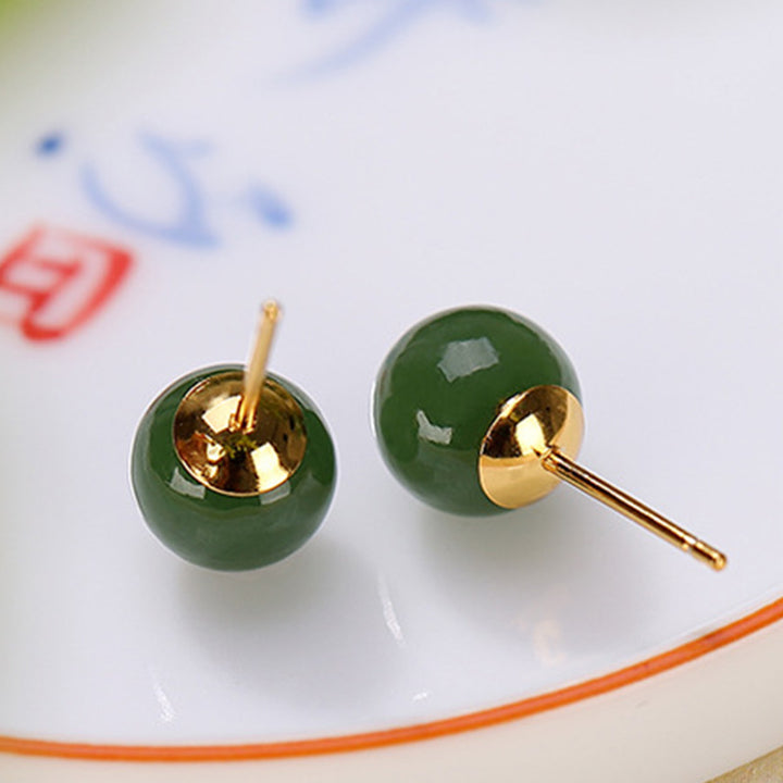 Pendientes de tuerca de plata de ley 925 con Buddha Stones , redondos, jade cian curativo y tranquilo
