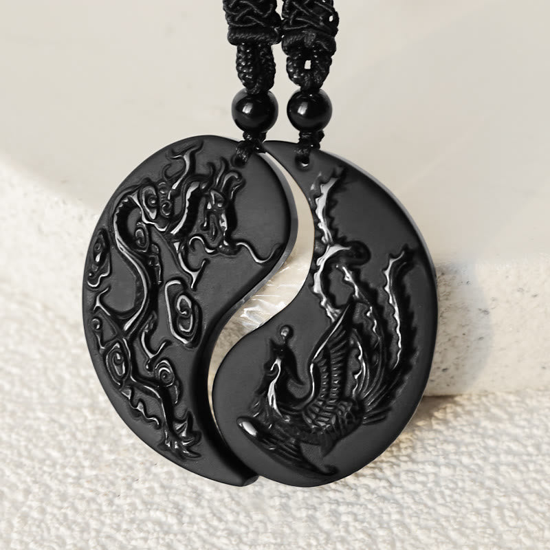 Buddha Stones Obsidiana Negra Yin Yang Dragón Fénix Suerte Collar Colgante - image 3