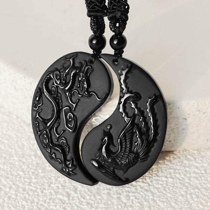 Buddha Stones Obsidiana Negra Yin Yang Dragón Fénix Suerte Collar Colgante - image 3