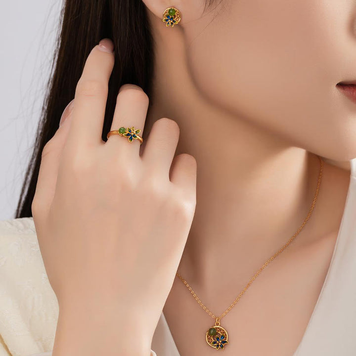 Juego de pendientes y anillo con colgante de flor de Jade cian hetiano Natural de plata de ley 925 con Buddha Stones