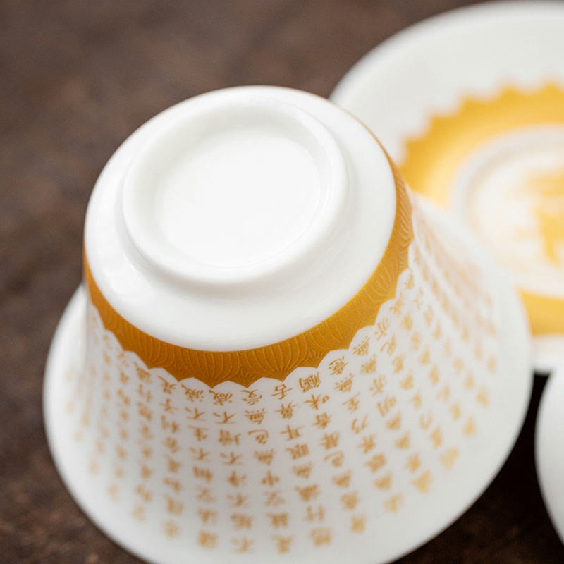 Taza de té y platillo con tapa, taza de té de cerámica Gaiwan, Sutra de corazón budista con Buddha Stones, pequeño personaje Fu