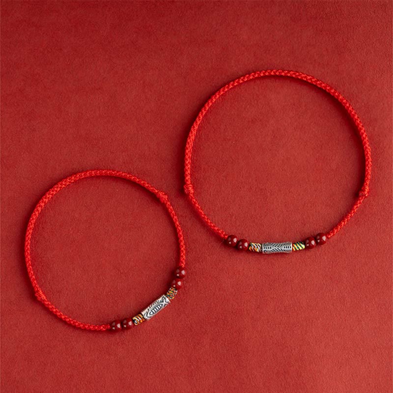 Pulsera tobillera trenzada hecha a mano con cuentas de cinabrio y pez Koi de plata de ley 925 con Buddha Stones