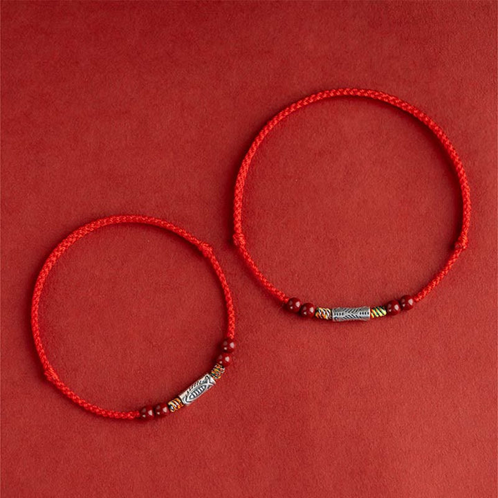 Pulsera tobillera trenzada hecha a mano con cuentas de cinabrio y pez Koi de plata de ley 925 con Buddha Stones