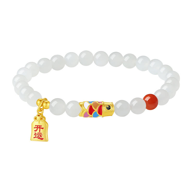 Pulsera de plata de ley 925 con Buddha Stones , jade blanco hetiano, ágata roja, pez Koi, suerte y felicidad