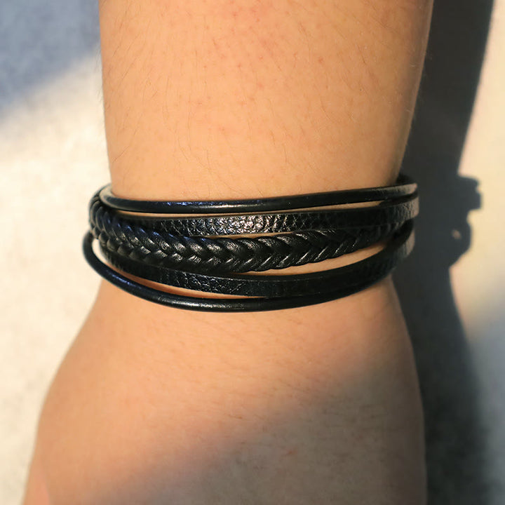 Pulsera de cuero con cuentas de ónix negro y roca de lava natural con Buddha Stones