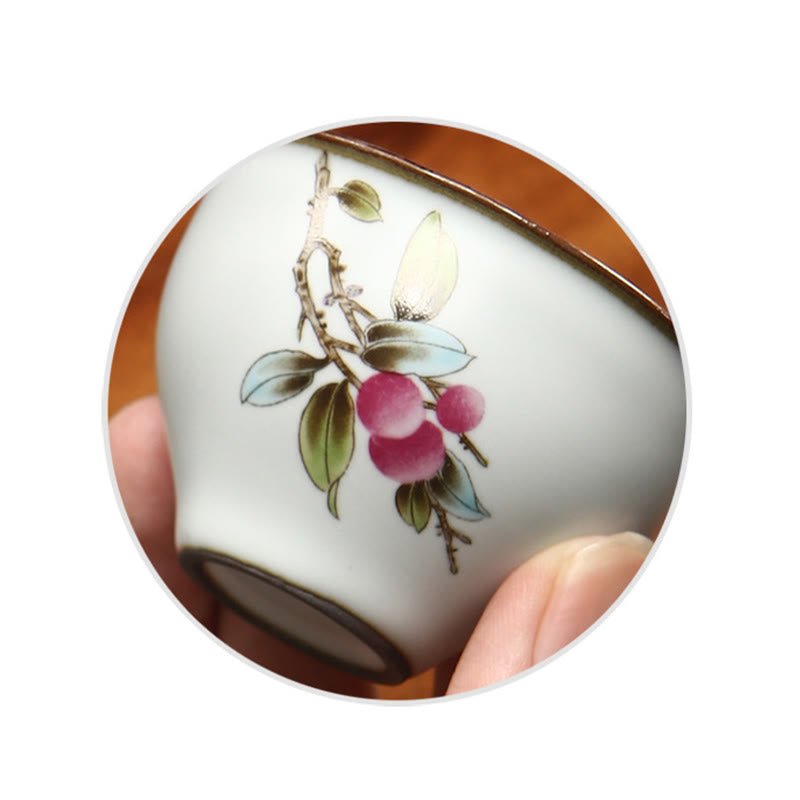 Taza de té de cerámica con Buddha Stones , níspero, lichi, paisaje nevado, uva, manzana, taza de té de Kung Fu