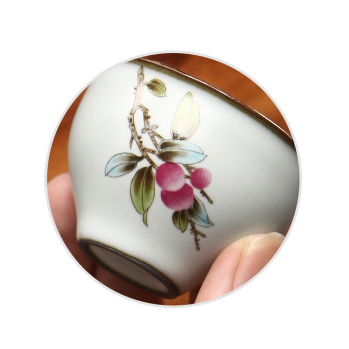 Taza de té de cerámica con Buddha Stones , níspero, lichi, paisaje nevado, uva, manzana, taza de té de Kung Fu