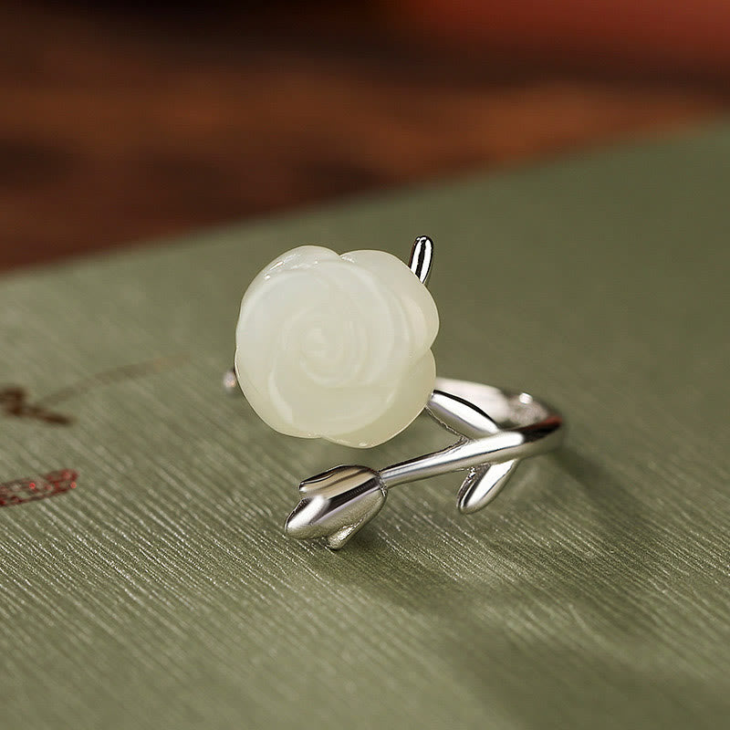 Anillo de felicidad de jade blanco hetiano con flor de rosa dorada chapada en plata de ley 925 con Buddha Stones