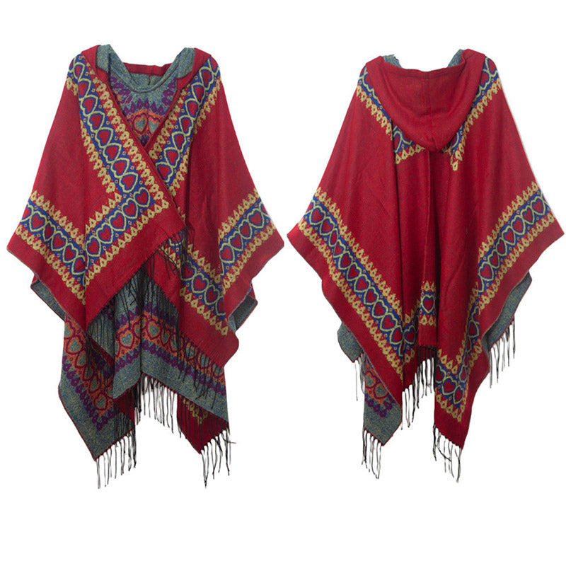 Mantón tibetano de Buddha Stones , capa con capucha y borla de corazón de amor rojo, bufanda de viaje acogedora para invierno