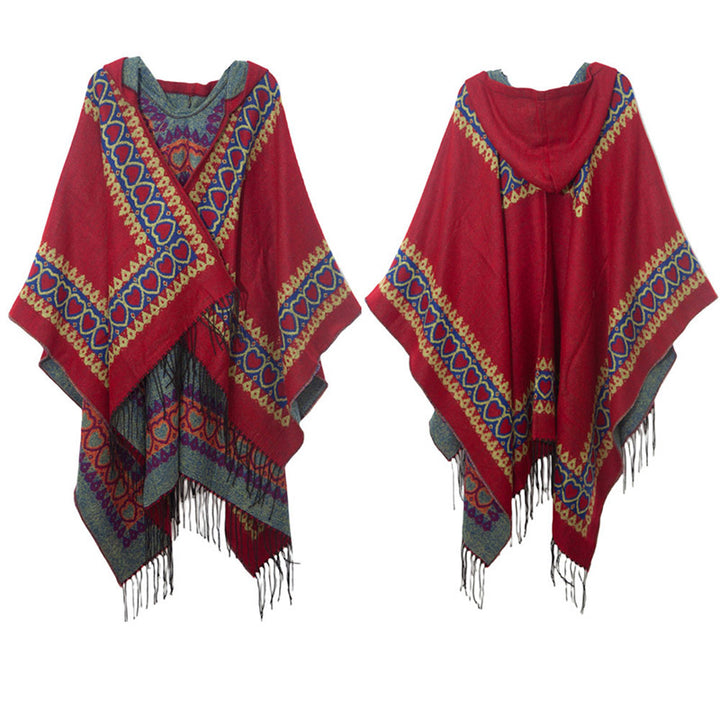 Mantón tibetano de Buddha Stones , capa con capucha y borla de corazón de amor rojo, bufanda de viaje acogedora para invierno