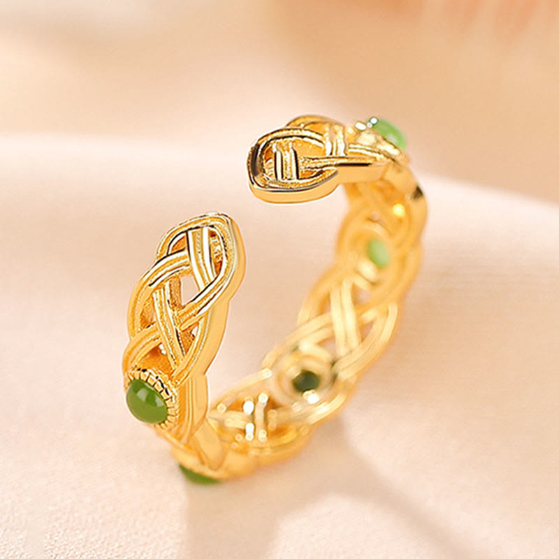 Anillo ajustable con diseño trenzado de jade cian y oro chapado en plata de ley 925 con Buddha Stones
