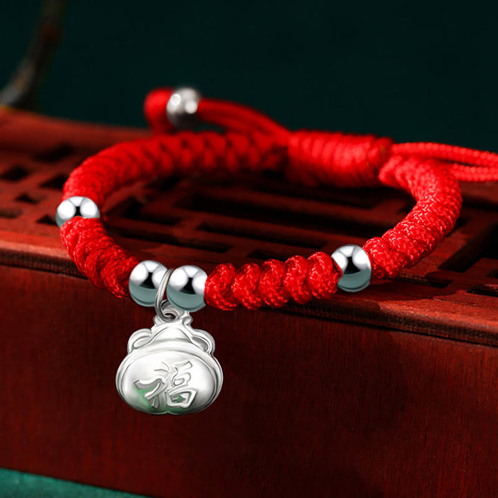 Buddha Stones Plata de ley 925 Hecha a mano Personaje Fu Bolsa de dinero de la suerte Candado chino Campana Loto Moneda de cobre Nudo King Kong Pulsera trenzada para niños