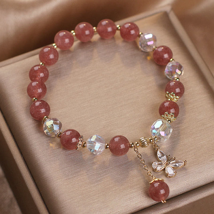 Pulsera con dije de mariposa curativa de amor de cuarzo fresa natural con Buddha Stones