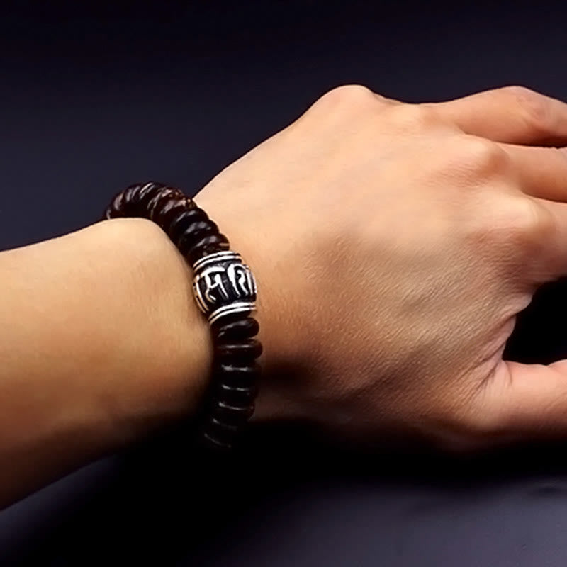 Pulsera positiva Om Mani Padme Hum de concha de coco tibetano natural con Buddha Stones