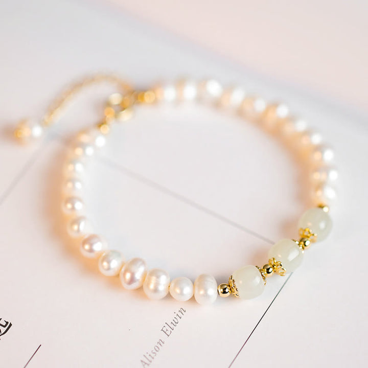 Pulsera de cadena de cuentas de sinceridad de jade blanco de jade cian hetiano de perlas naturales chapadas en oro de 14 quilates
