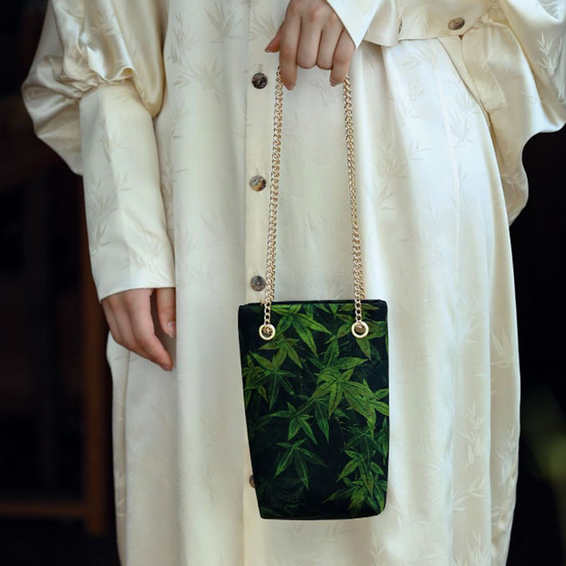 Bolso bandolera con cadena de metal caqui y hoja de arce pequeña con Buddha Stones , bolso de hombro, bolso para teléfono móvil