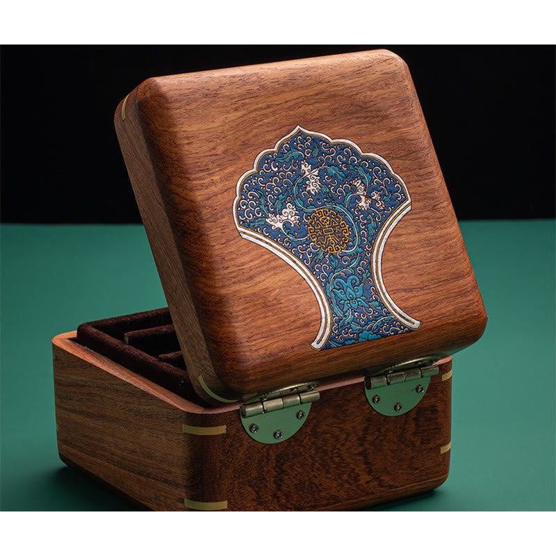 Caja organizadora de regalo de madera, caja de almacenamiento de joyería de palisandro hecha a mano con hoja de flor antigua