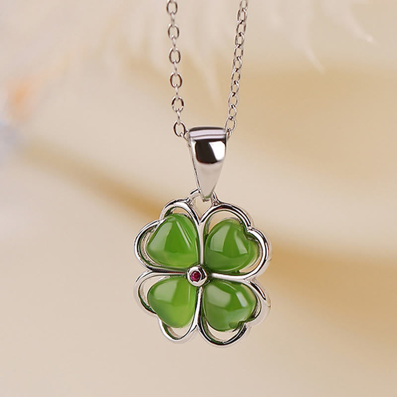 Buddha Stones de plata de ley 925, colgante de collar curativo con trébol de cuatro hojas de la suerte, Jade cian hetiano