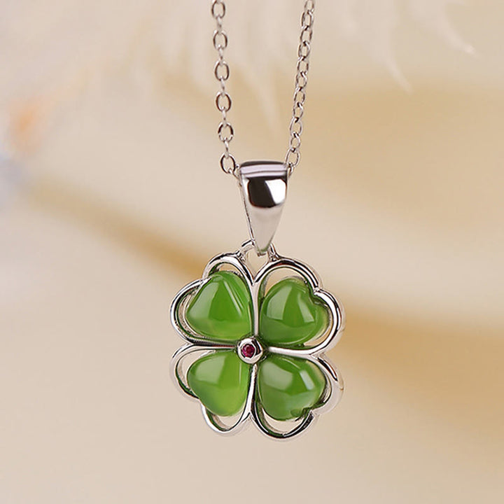 Buddha Stones de plata de ley 925, colgante de collar curativo con trébol de cuatro hojas de la suerte, Jade cian hetiano