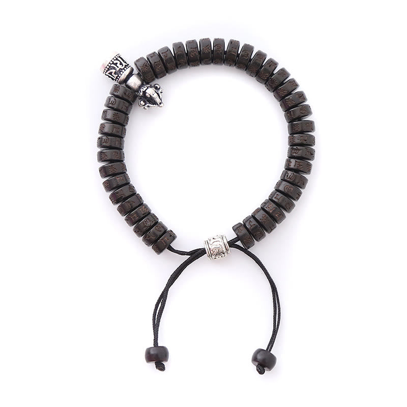 Buddha Stones Tíbet cáscara de coco tallada Om Mani Padme Hum Dorje Vajra Bell pulsera de cuerda de felicidad