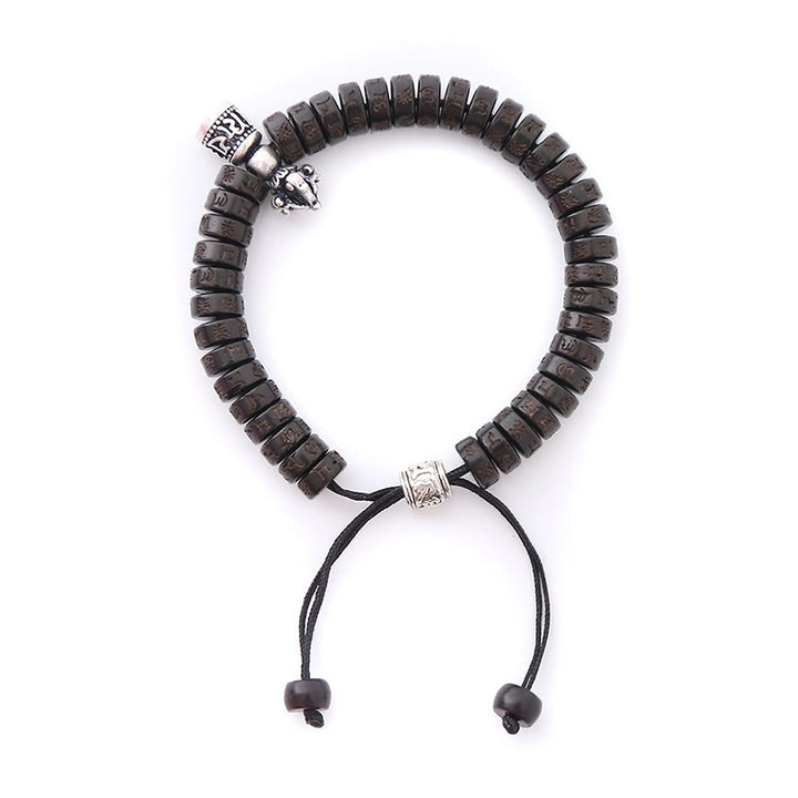 Buddha Stones Tíbet cáscara de coco tallada Om Mani Padme Hum Dorje Vajra Bell pulsera de cuerda de felicidad